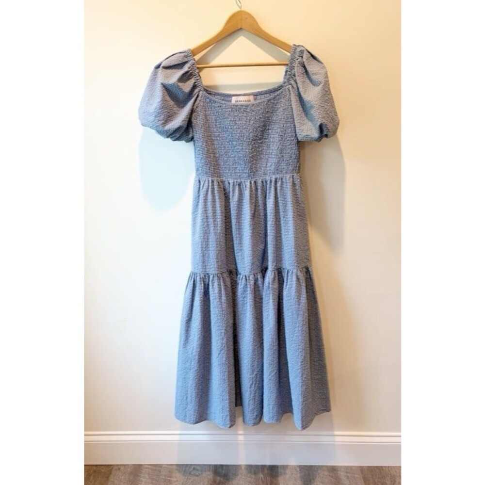 Jessakae Collection Blue Smocked Puff Sleeve Tiered Midi Dress L Cottagecore
